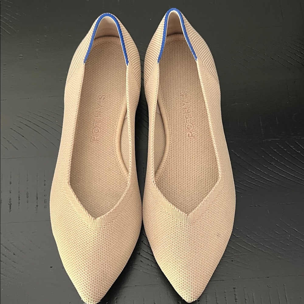 Rothy's Beige Pointed Knit Flats with Blue Trim - Women's
